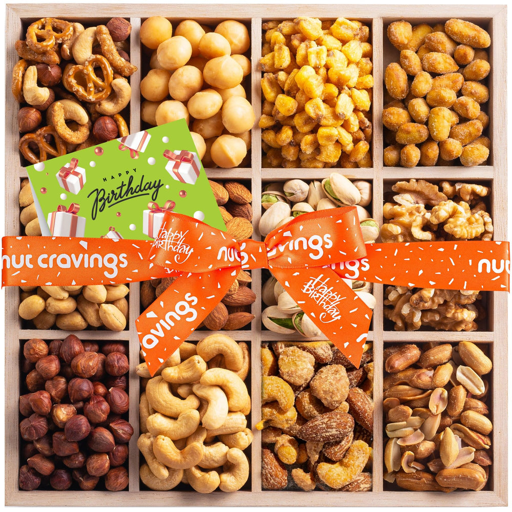 Nut Cravings Gourmet Collection Happy Birthday tray displaying a premium nut assortment for gifting