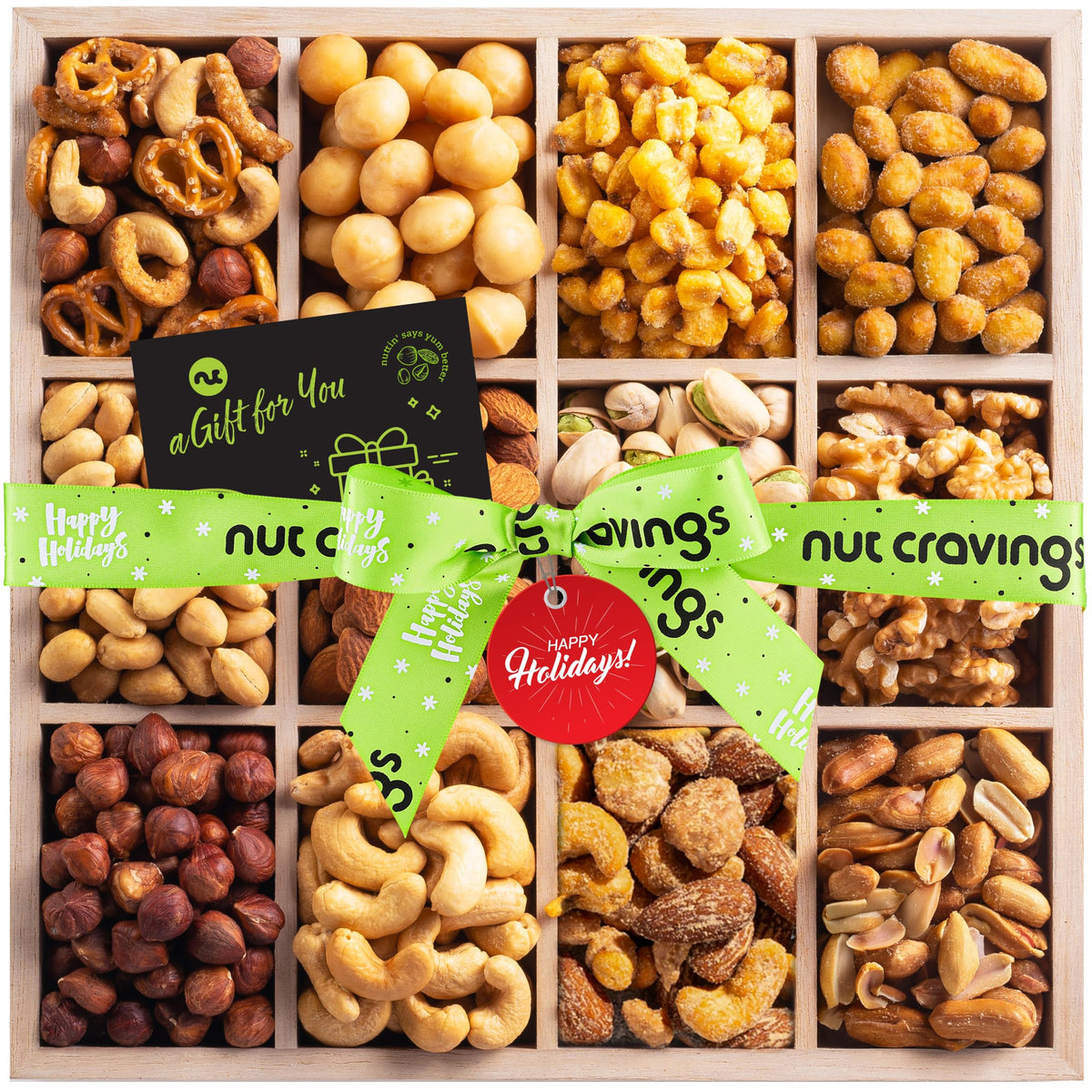 Nut Cravings Gourmet Collection wooden tray featuring twelve nuts for gifting.