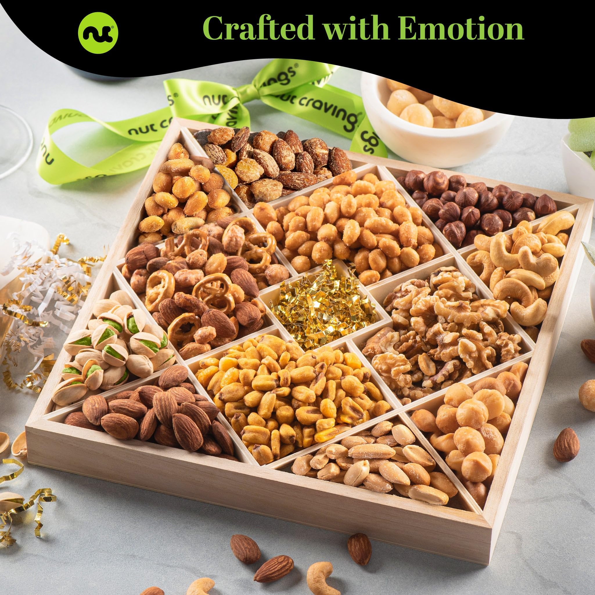 Nut Cravings green and black ribbon elevates the presentation.