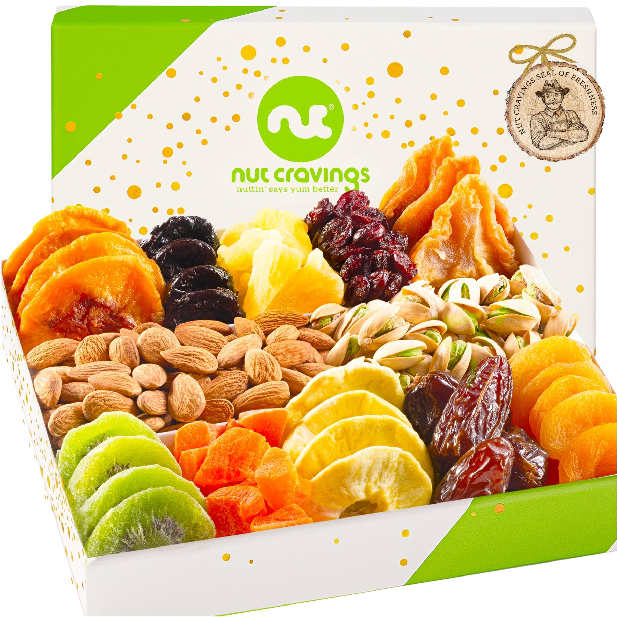 Nut Cravings green and white gift box open with dried fruits and nuts.