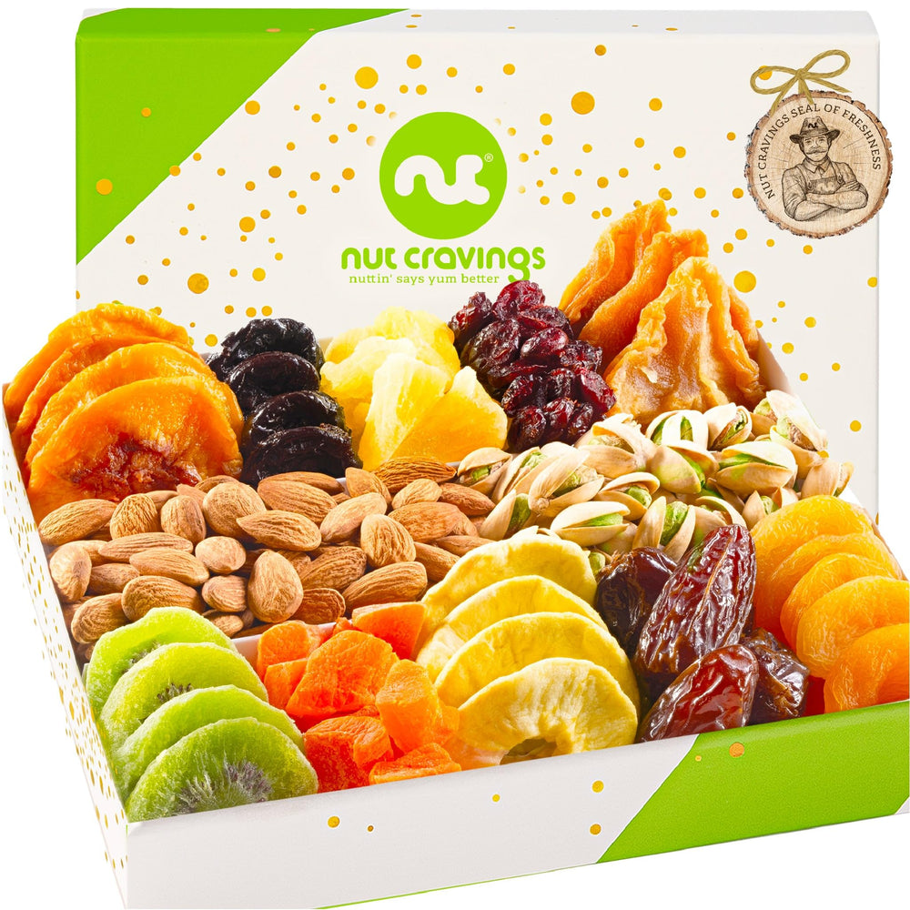 Nut Cravings green and white gift box open with dried fruits and nuts.
