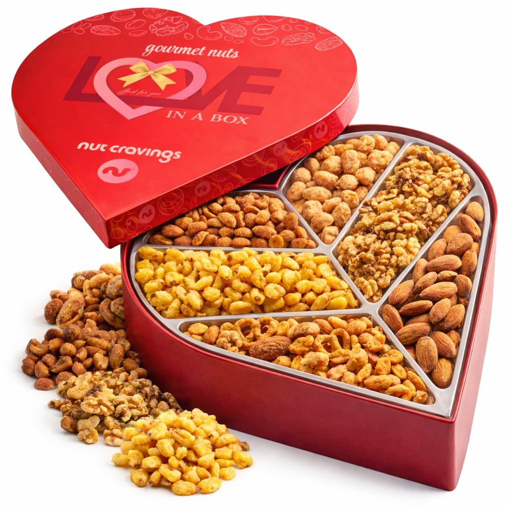 Nut Cravings heart shaped red tray featuring six nut varieties for gifting