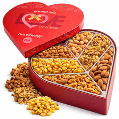 Nut Cravings heart shaped red tray featuring six nut varieties for gifting