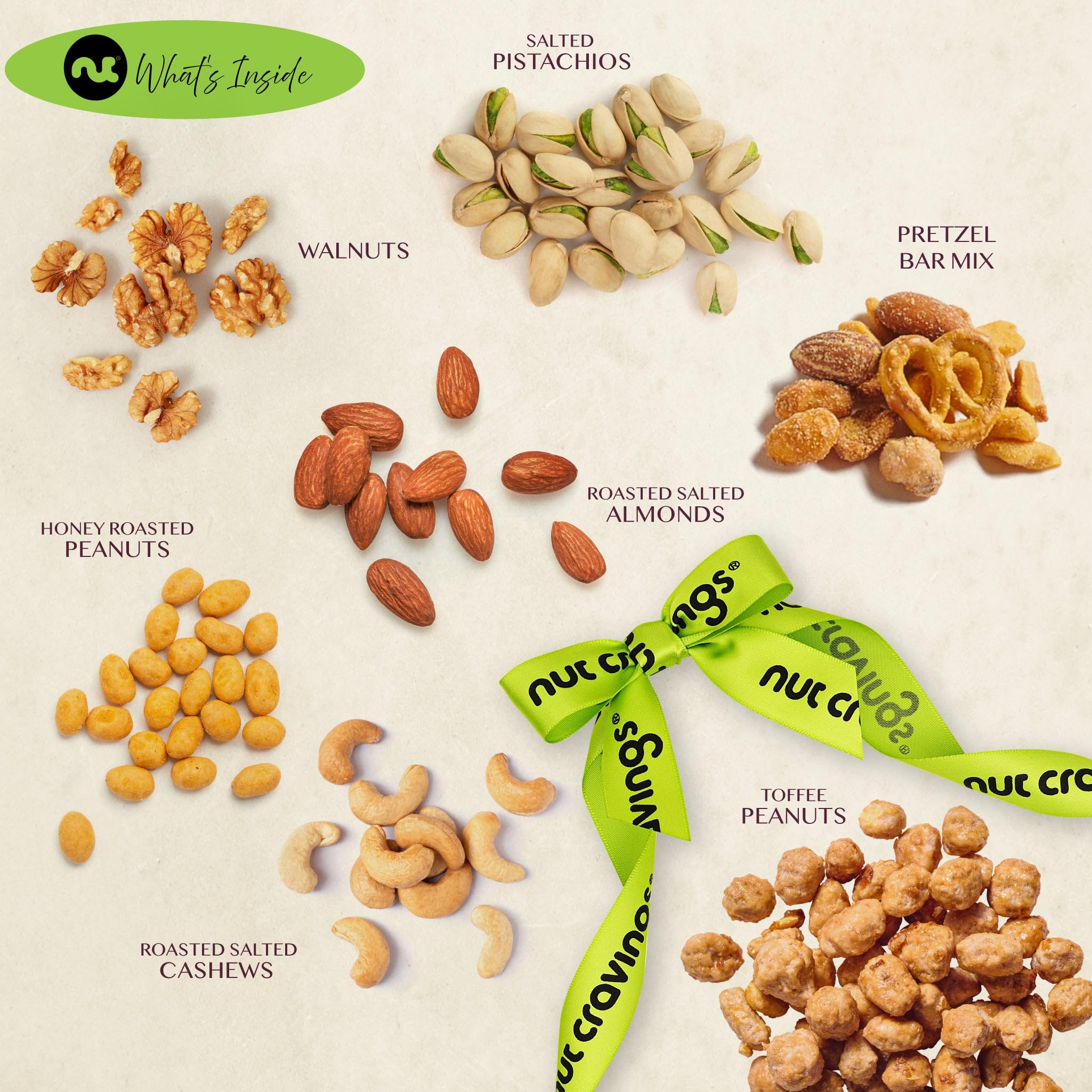 Nut Cravings hexagon tray packaging with green ribbon looks elegant for gifting