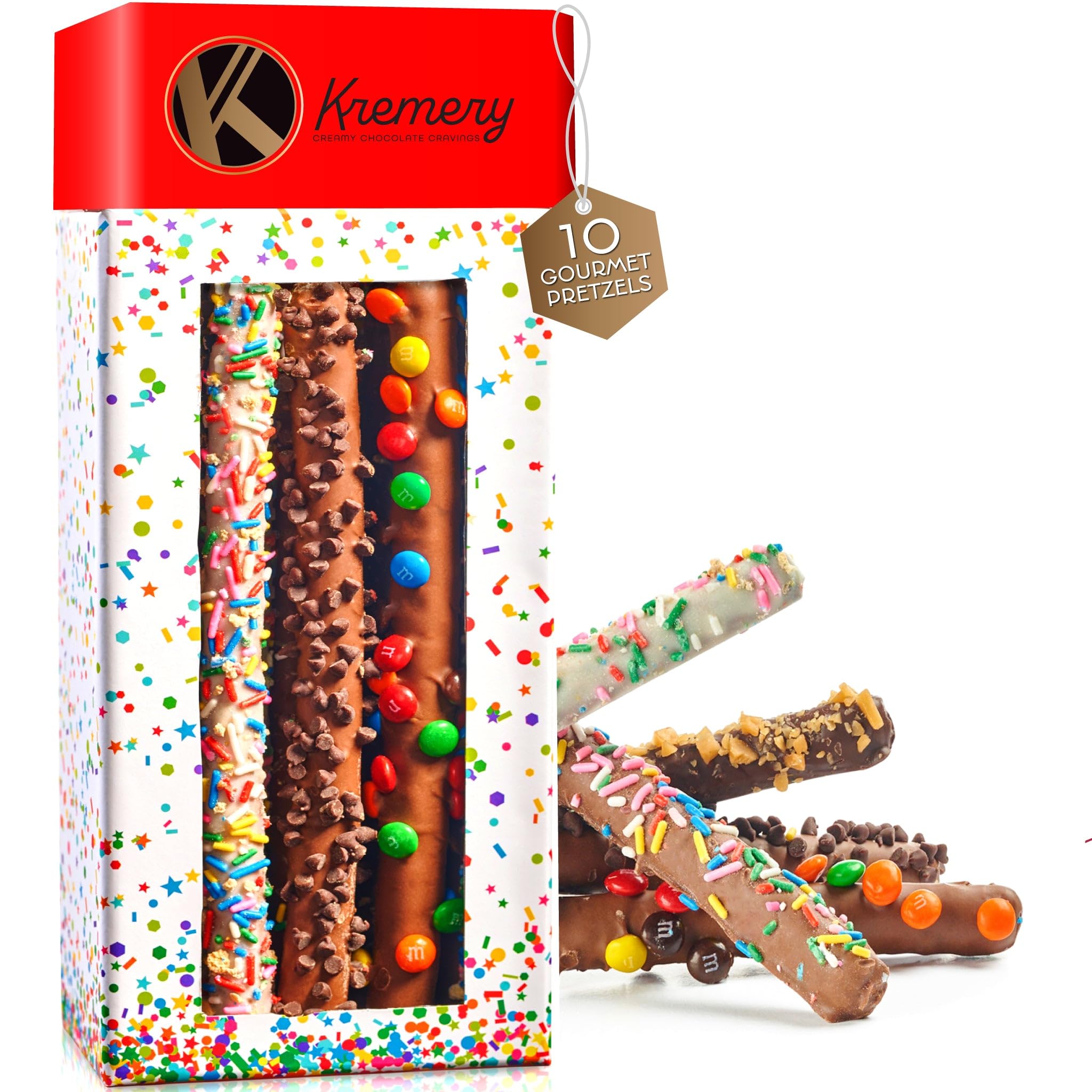 Nut Cravings KREMERY creamy chocolate pretzel rods with confetti toppings for festive gifting