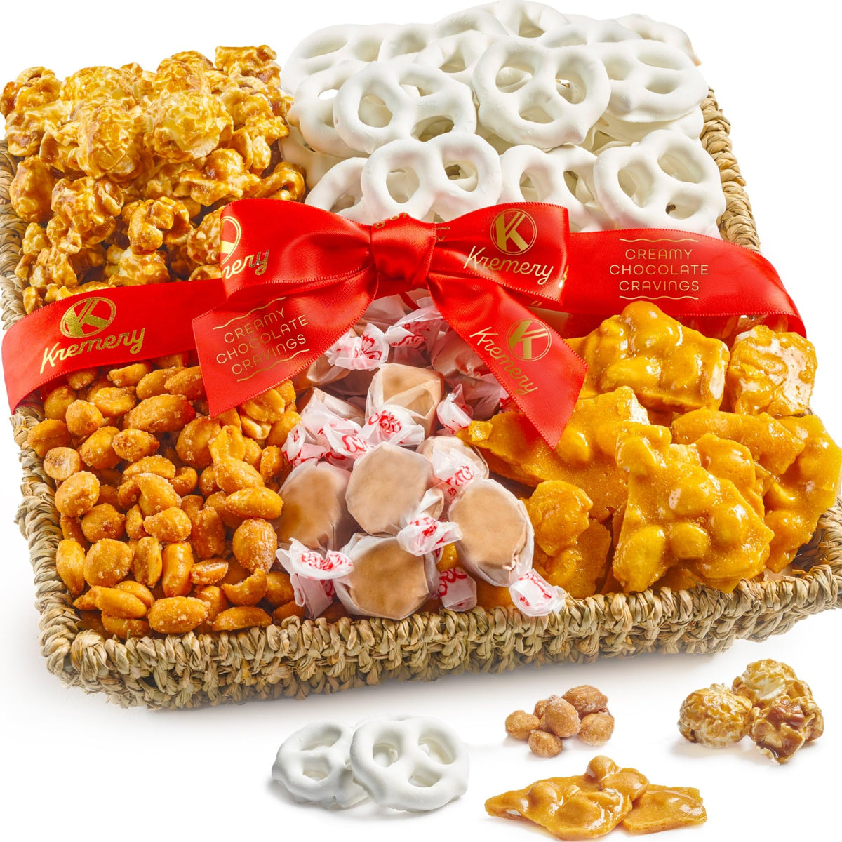 KREMERY Easter pretzels in a festive gift basket, perfect for celebrations.