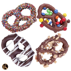 KREMERY pretzel twists topped with candies and sprinkles for festive appeal.