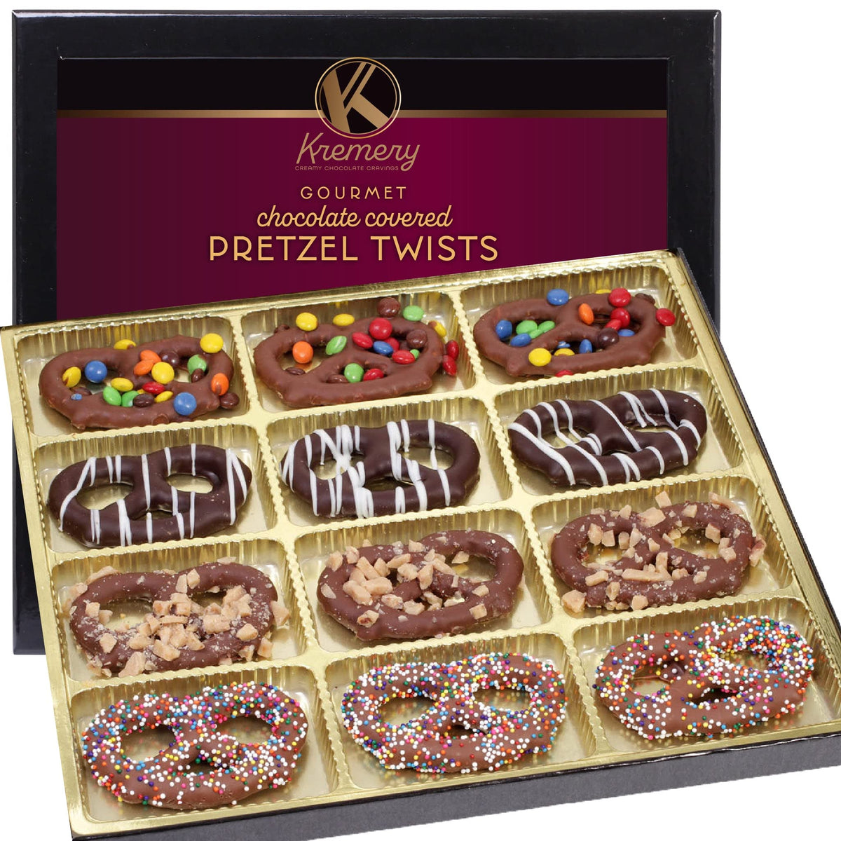 Nut Cravings KREMERY pretzel twists with milk chocolate offer rich, crunchy indulgence.