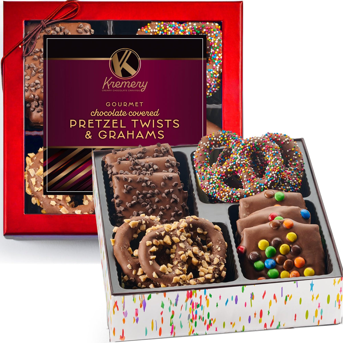 Nut Cravings Kremery pretzel twists in milk chocolate, ideal for sharing at gatherings.