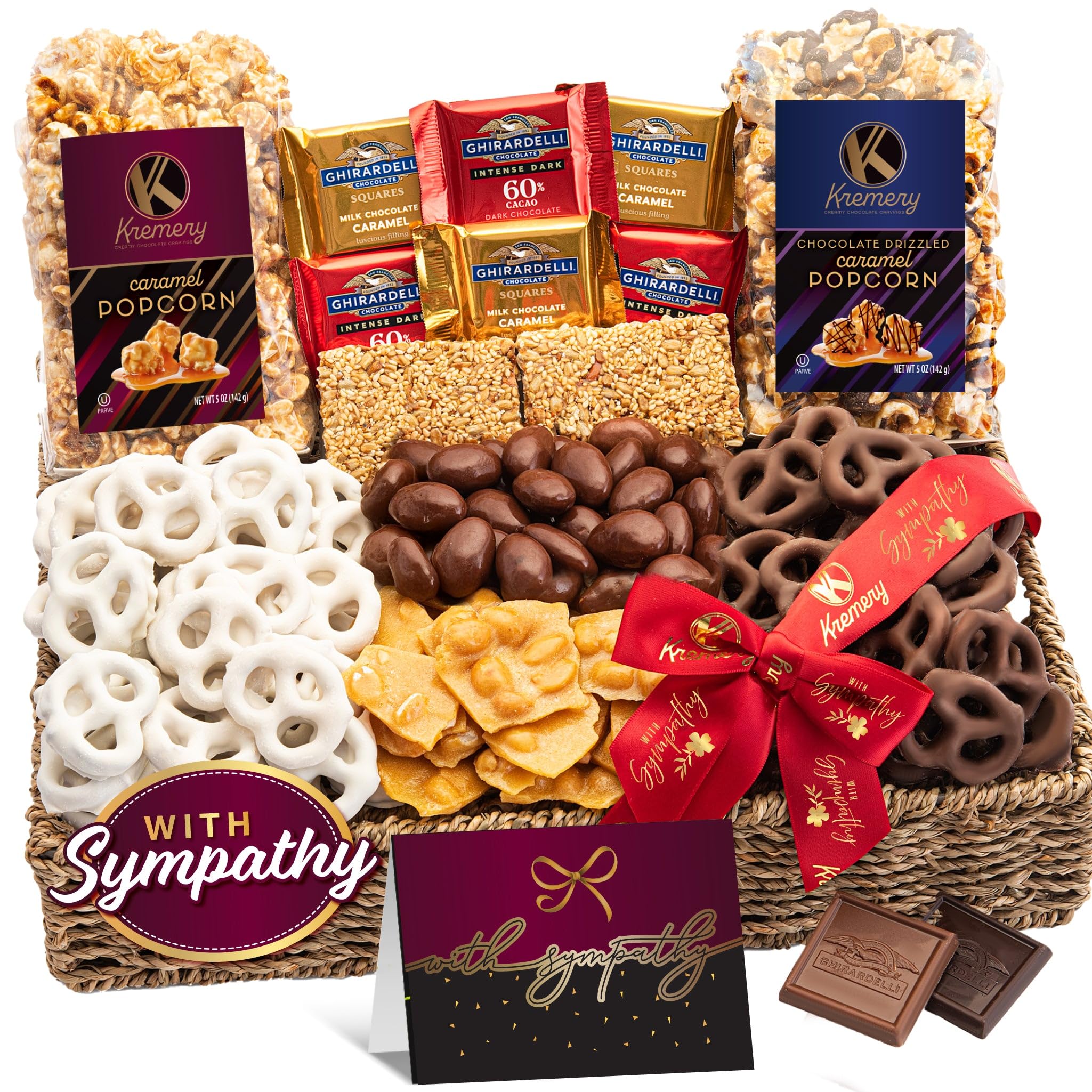 Kremery sympathy basket in seagrass tray with ribbon by Nut Cravings