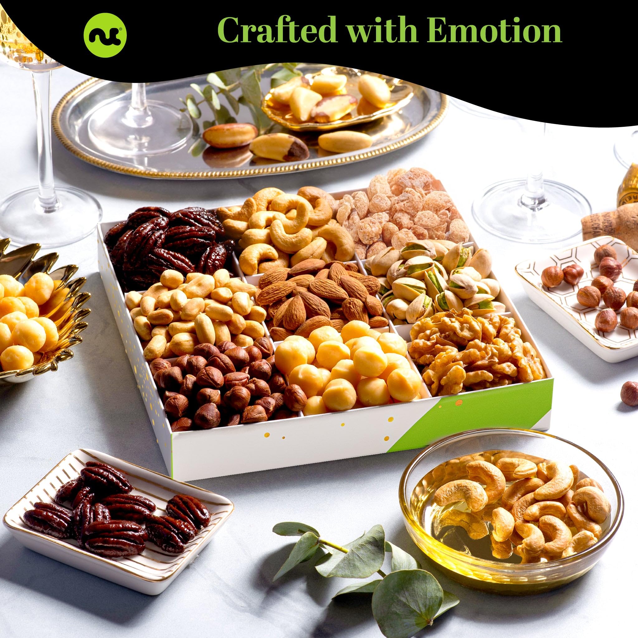Assorted nuts neatly arranged on a tray for sharing