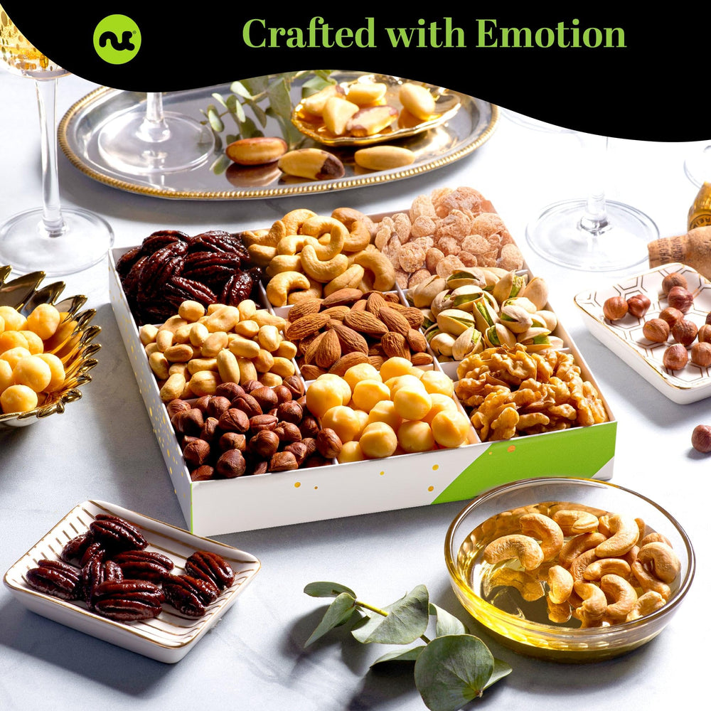 Assorted nuts neatly arranged on a tray for sharing