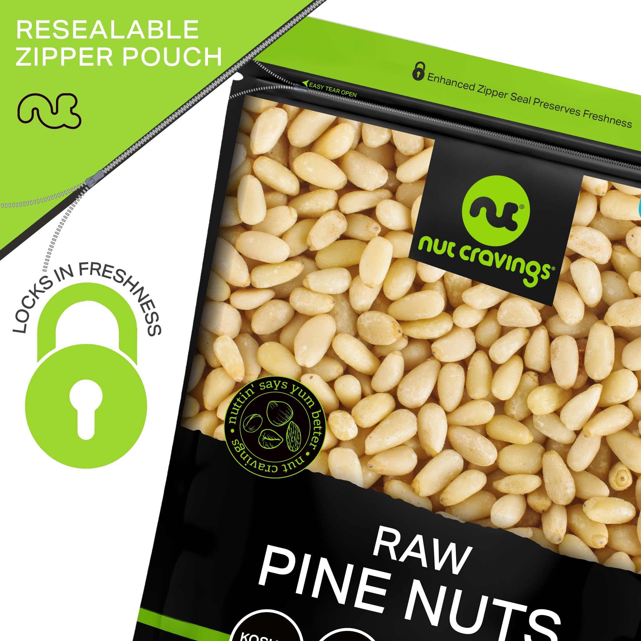 Nut Cravings pine nuts on pasta to inspire pesto and topping ideas.