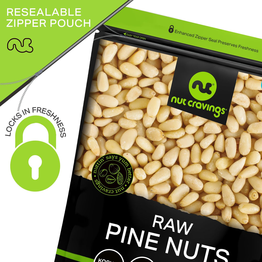 Nut Cravings pine nuts on pasta to inspire pesto and topping ideas.