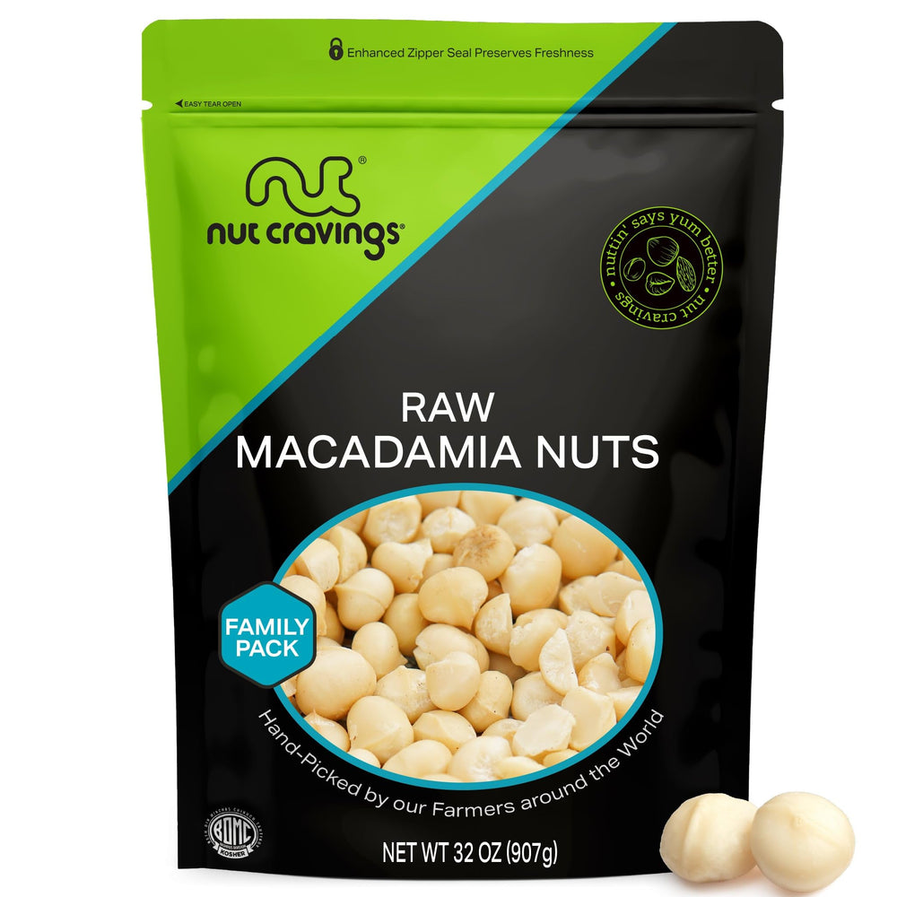 Nut Cravings raw macadamia nuts bag highlights freshness and resealability.