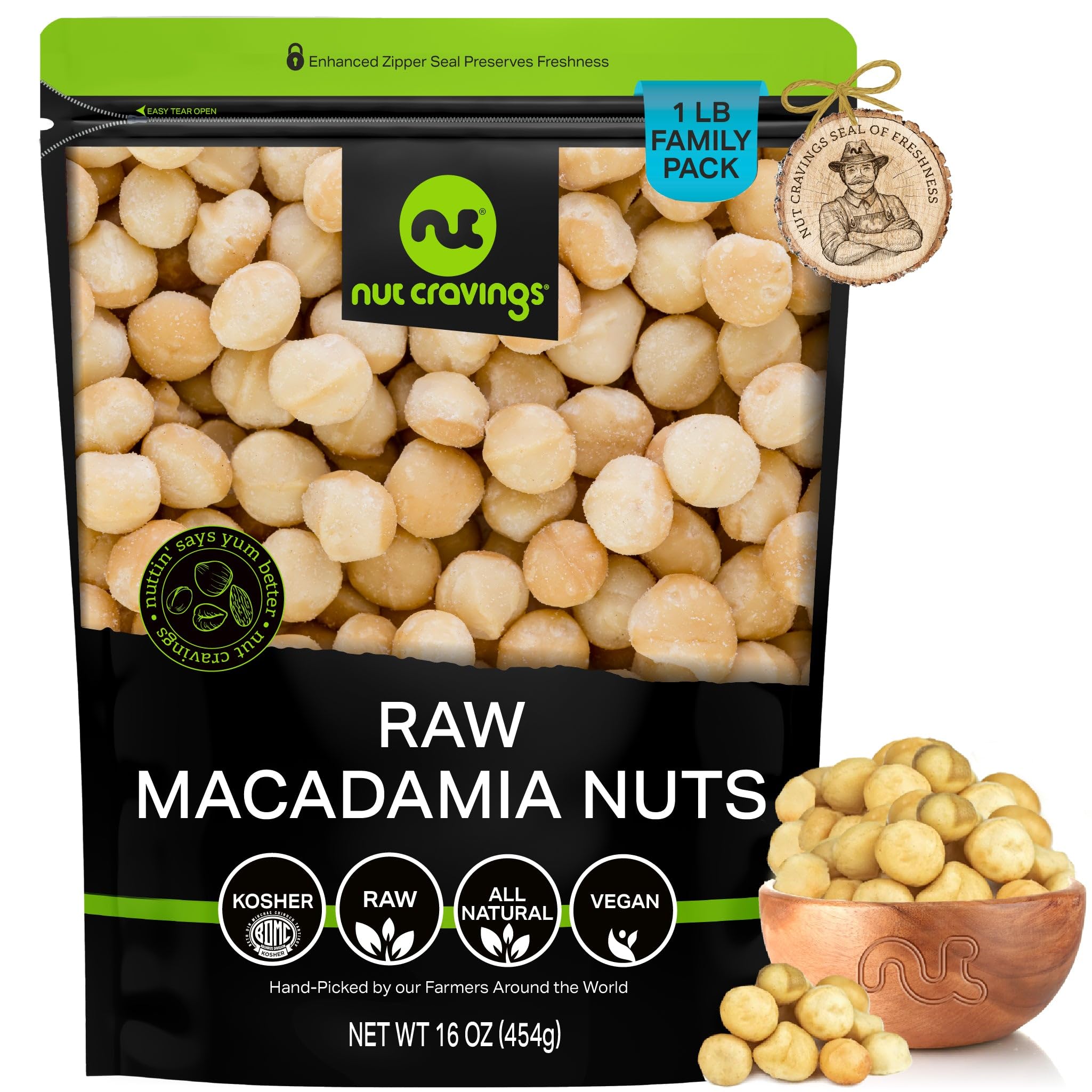 Nut Cravings raw macadamia nuts in a resealable bag for lasting freshness.