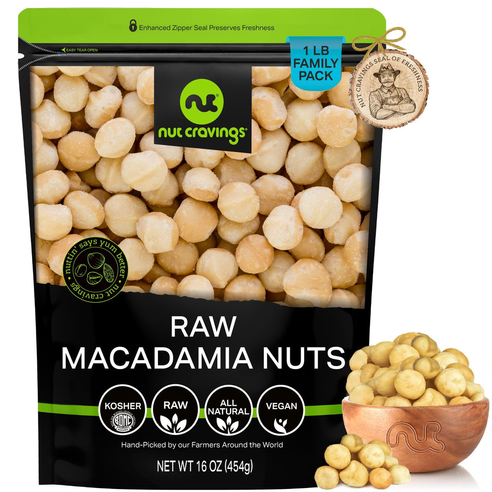 Nut Cravings raw macadamia nuts in a resealable bag for lasting freshness.