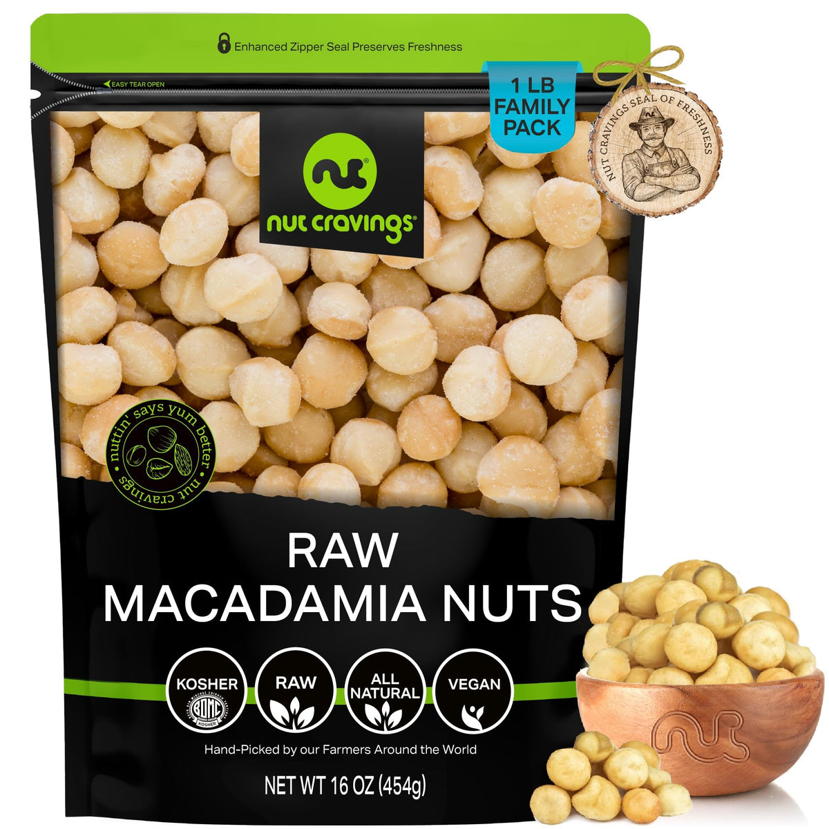 Nut Cravings raw macadamia nuts in a resealable bag for lasting freshness.