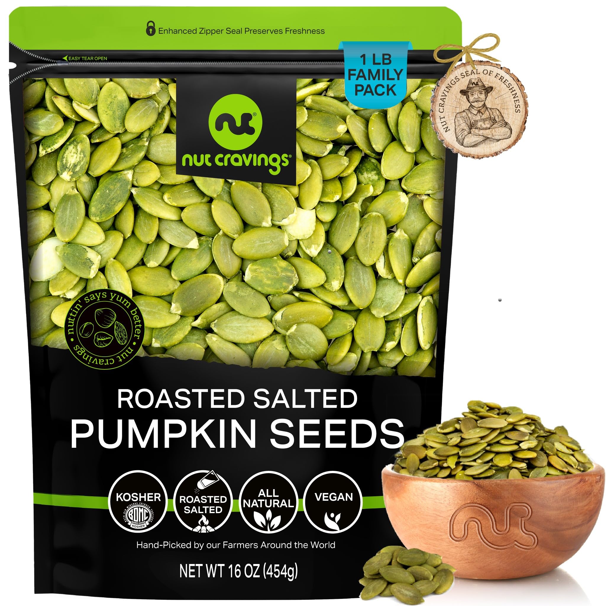 Nut Cravings roasted salted pumpkin seeds in a resealable bag for a crunchy snack.
