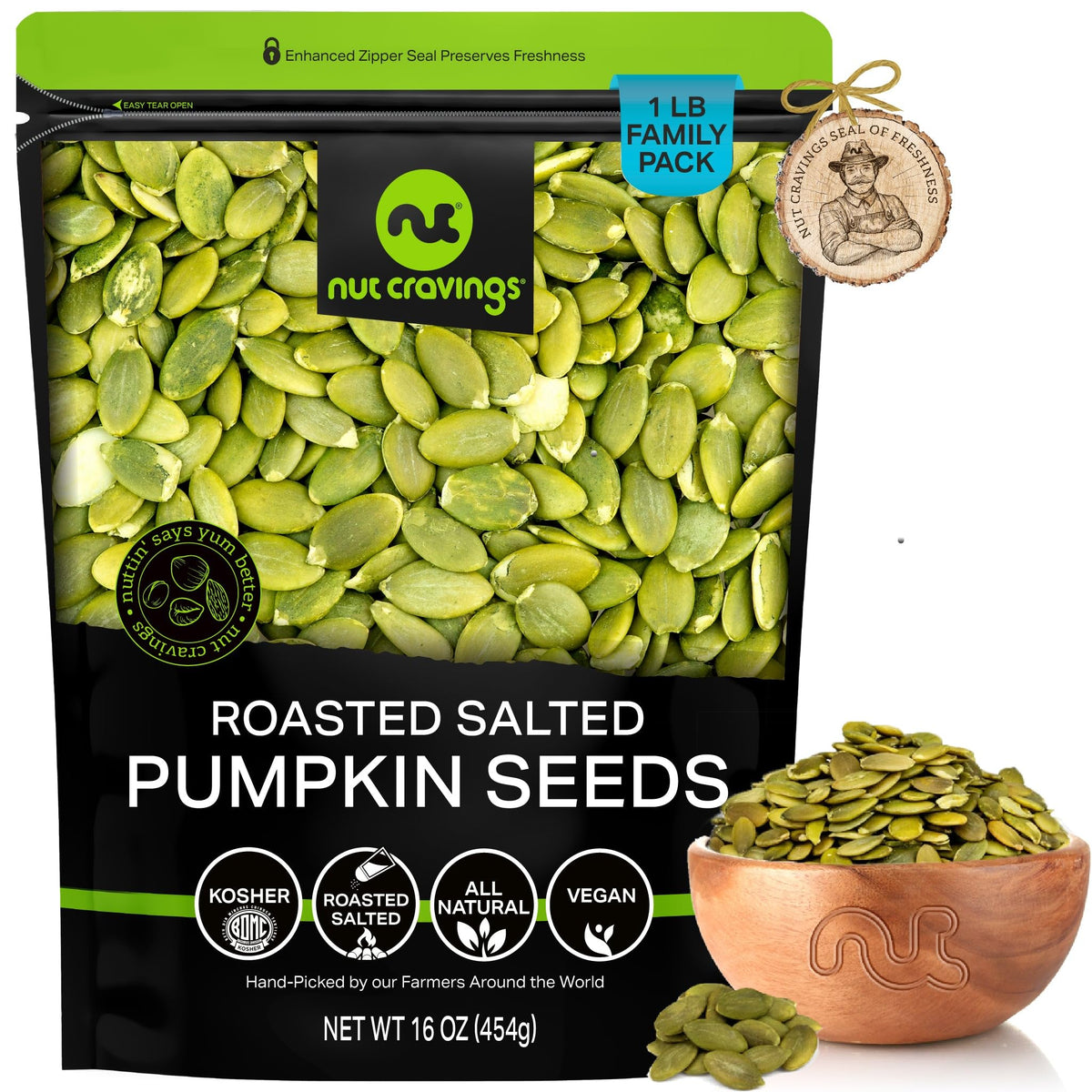 Nut Cravings roasted salted pumpkin seeds in a resealable bag for a crunchy snack.