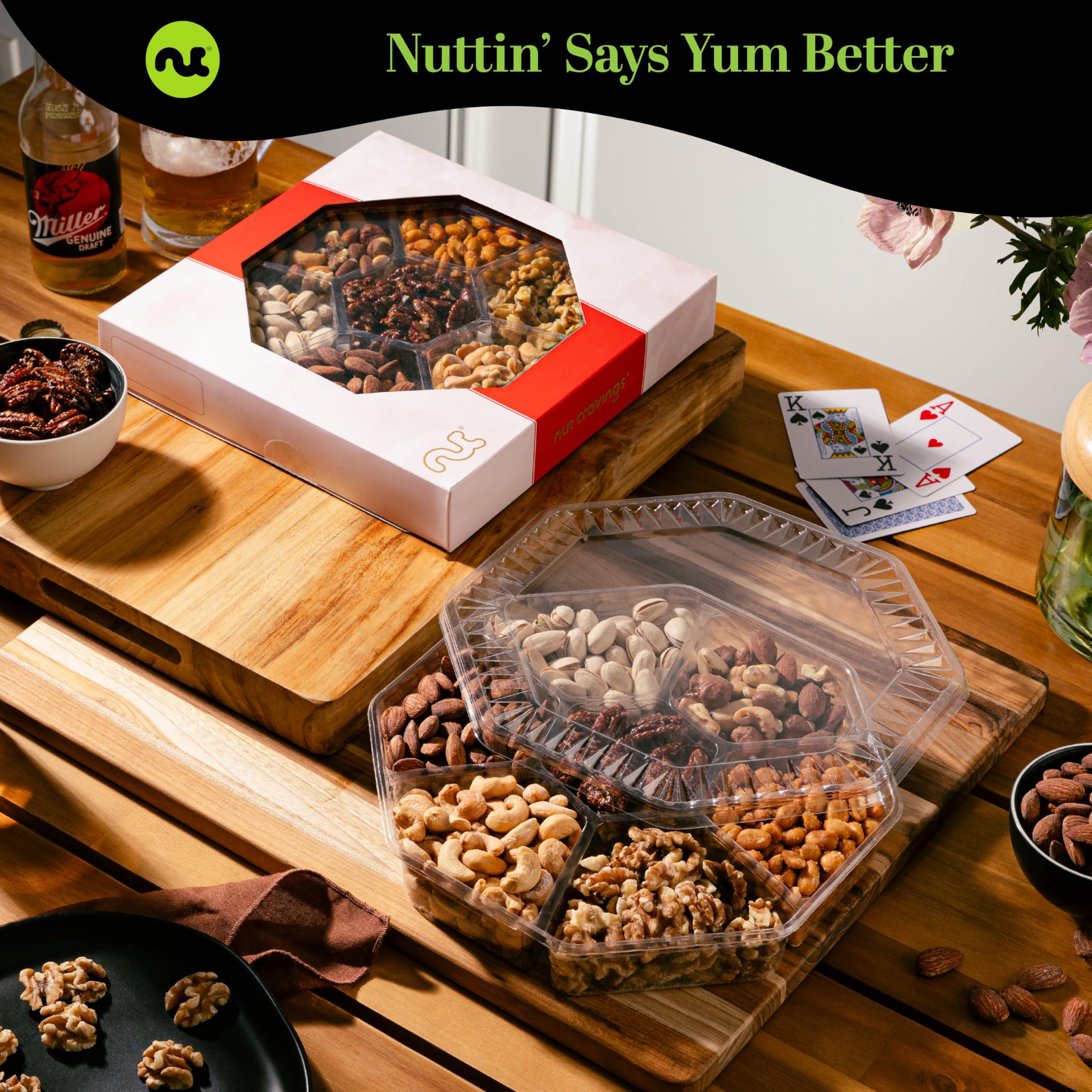 Nut Cravings seven-nut varieties hexagon tray ideal for sharing.