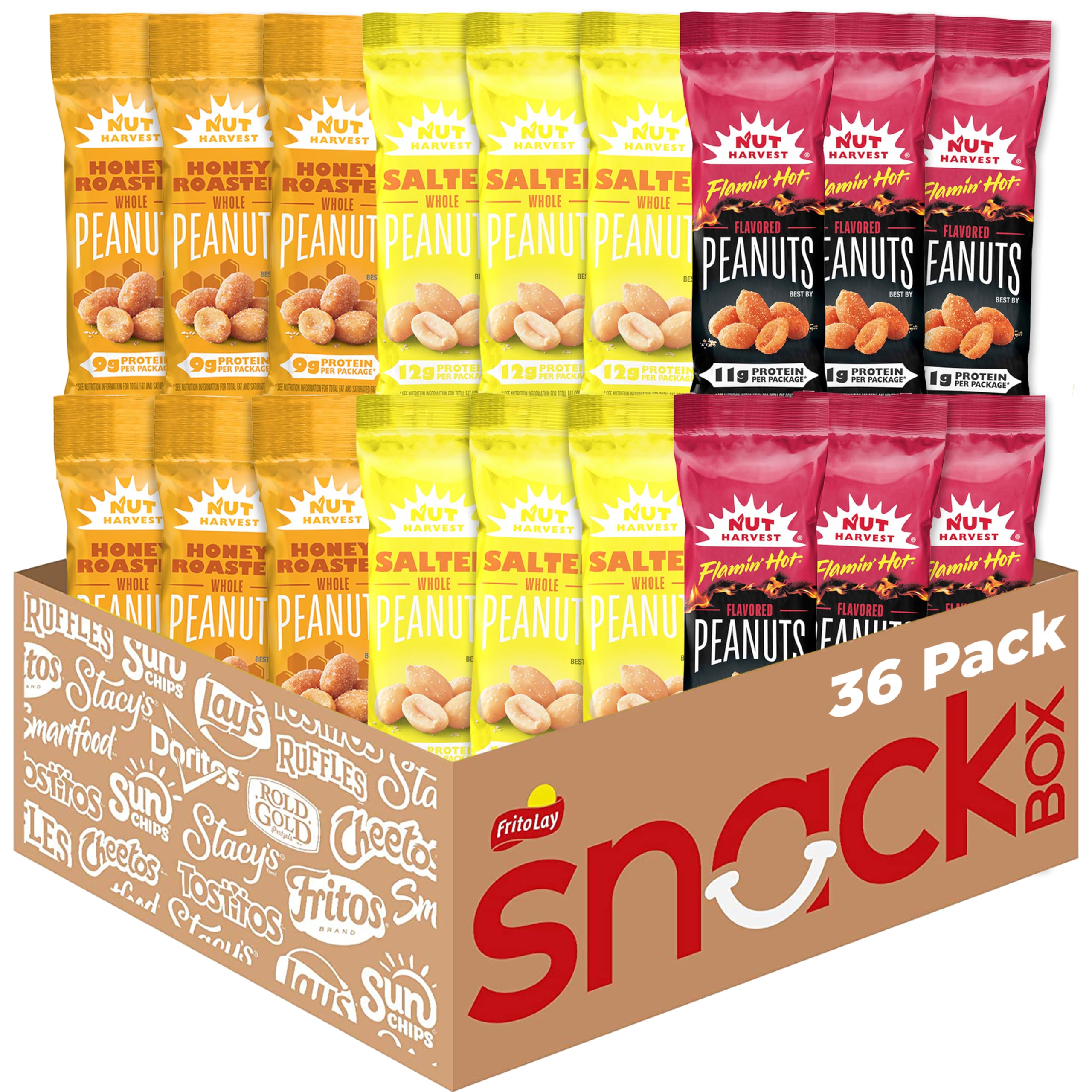 Nut Harvest 3-flavor peanuts variety pack: 36 on-the-go bags for easy snacking.