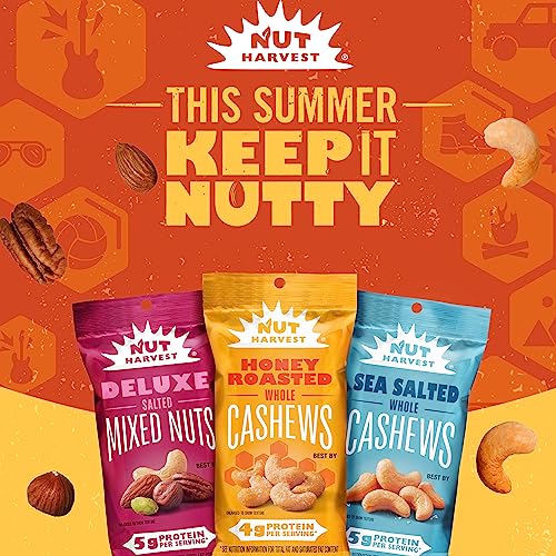 Nut Harvest Deluxe Mixed Nuts ingredients label, clear almond, cashew, pecan mix