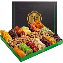 Nut Haven holiday gift basket featuring 18 fruits and nuts for festive sharing.