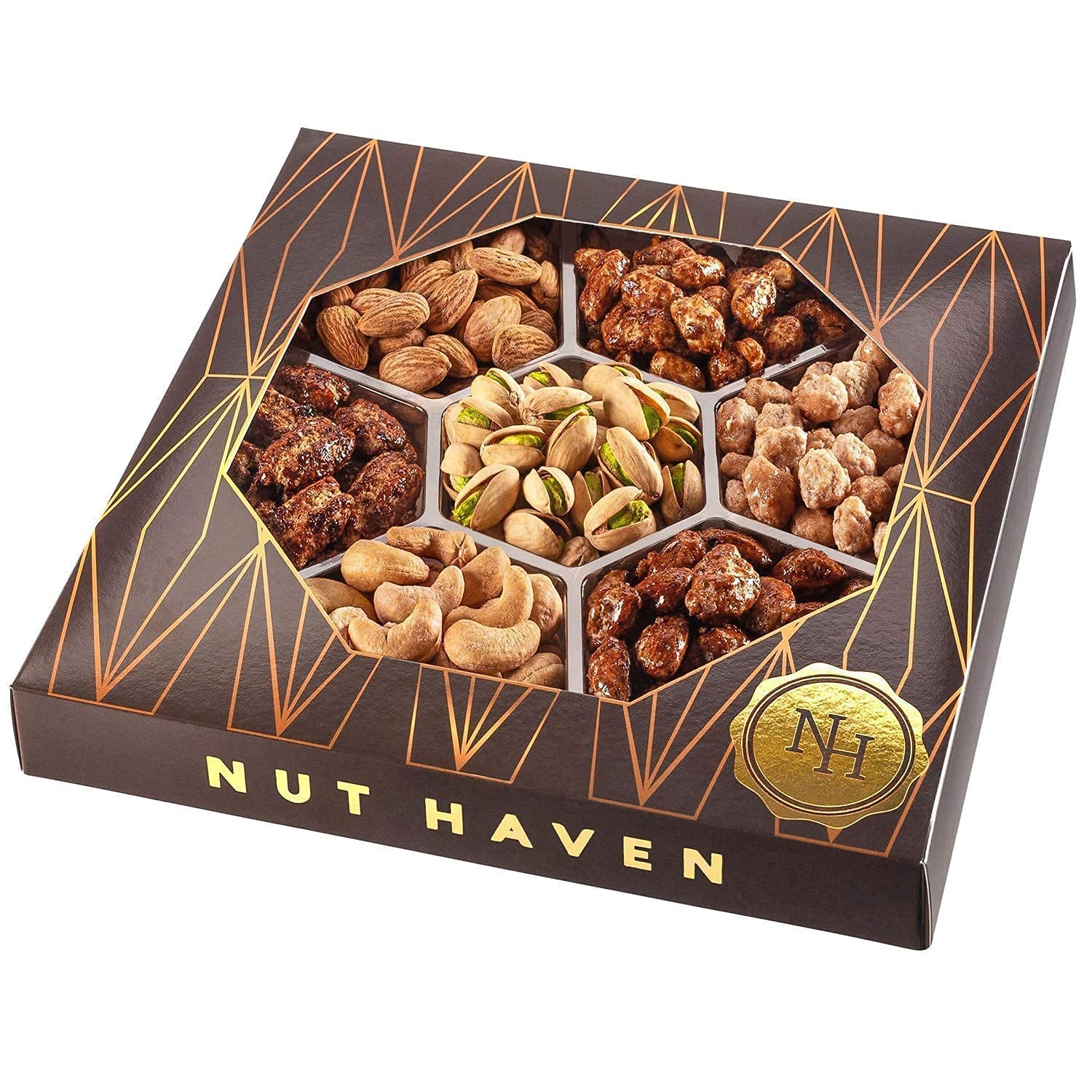 Nut Haven Holiday Nuts Gift Basket packaging, ready to present as a refined gift.