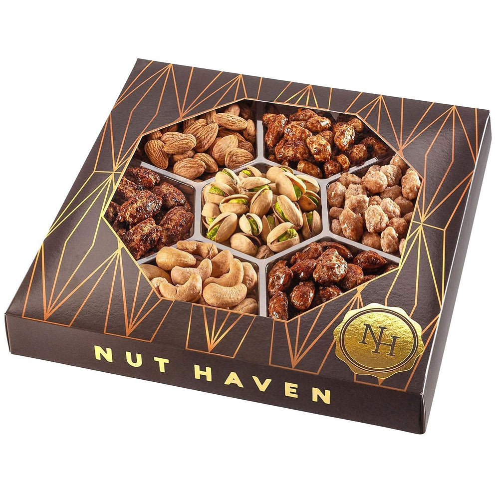 Nut Haven Holiday Nuts Gift Basket packaging, ready to present as a refined gift.