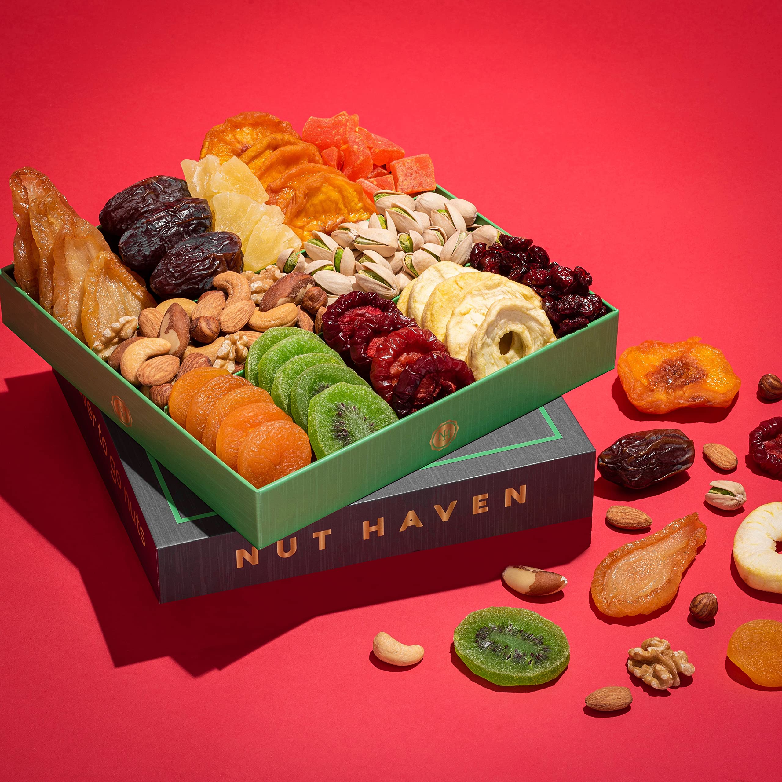 Nut Haven medjool dates and deluxe nuts display rich indulgent bites.