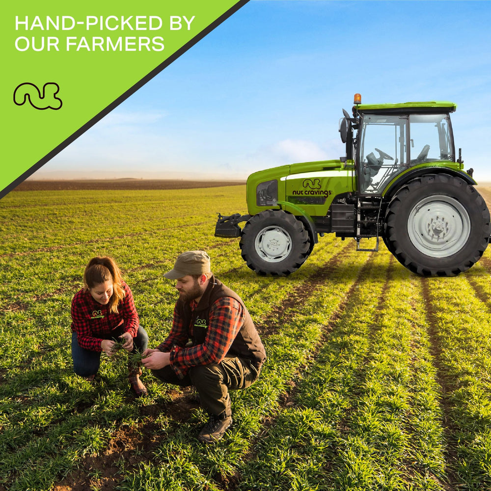 Farmers freshness seal from Nut Cravings emphasizing hand-picked quality and care.