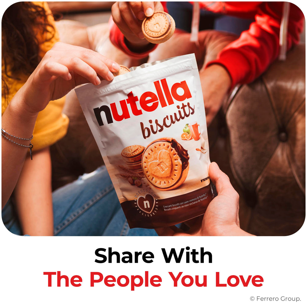 Nutella Biscuits cream hazelnut filling reveals rich chocolatey flavor.