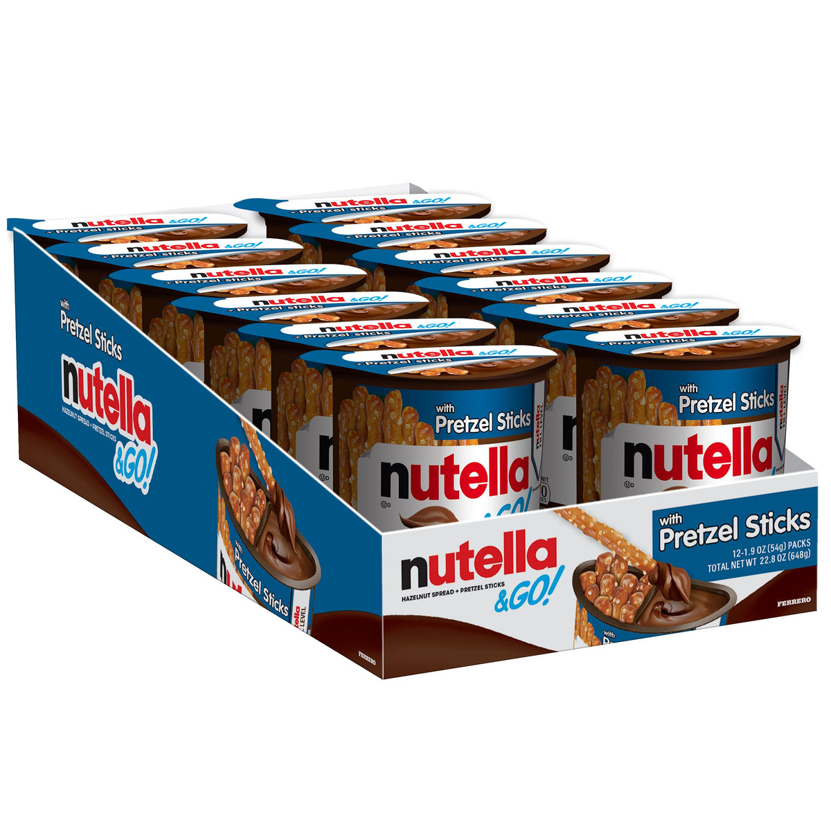 Nutella & GO! 12-pack with spread and pretzels for on-the-go snacking.