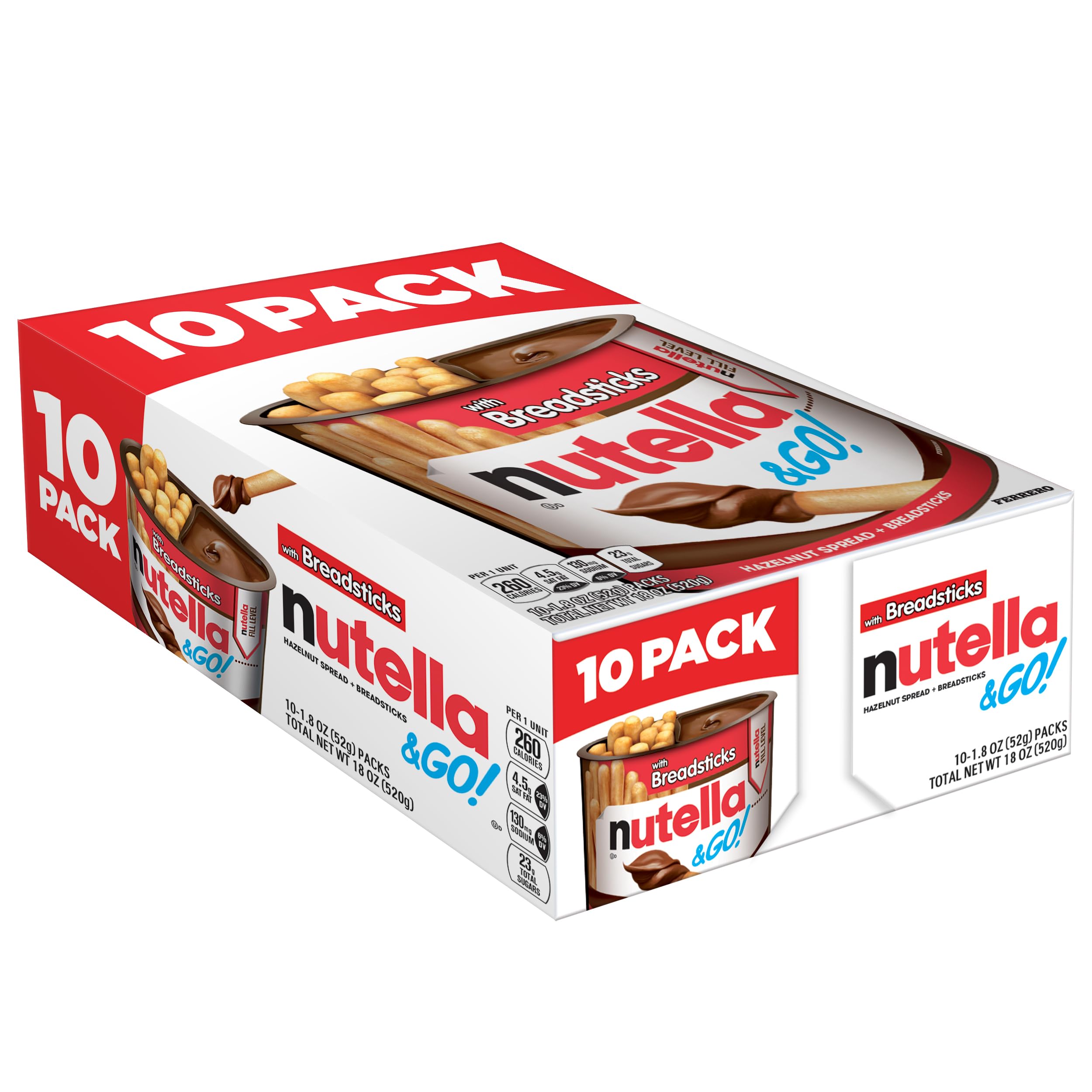 Nutella Go! hazelnut spread with breadsticks 10-pack for on-the-go snacking.