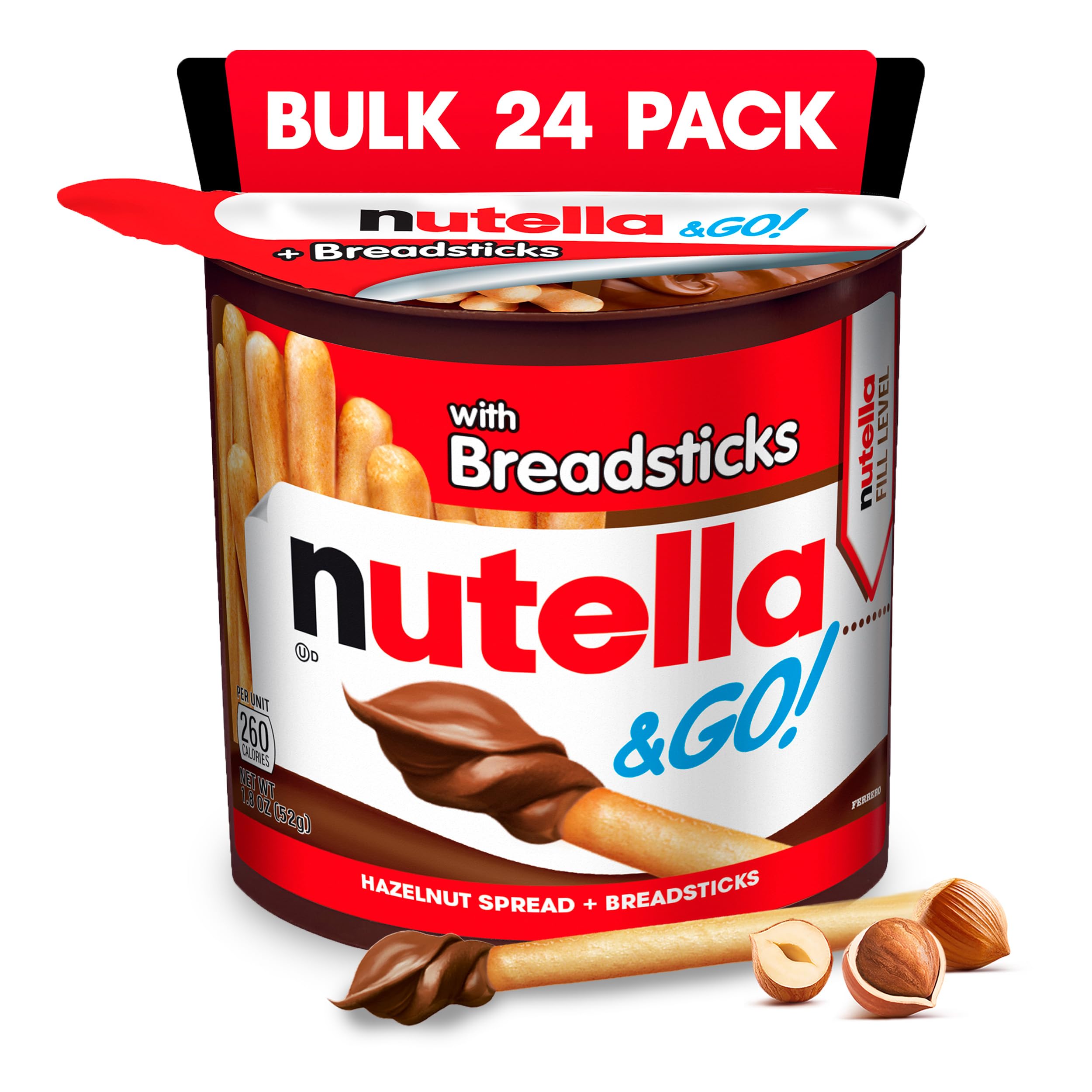 Nutella GO! chocolate hazelnut spread with breadsticks in a handy cup for on-the-go snacking.