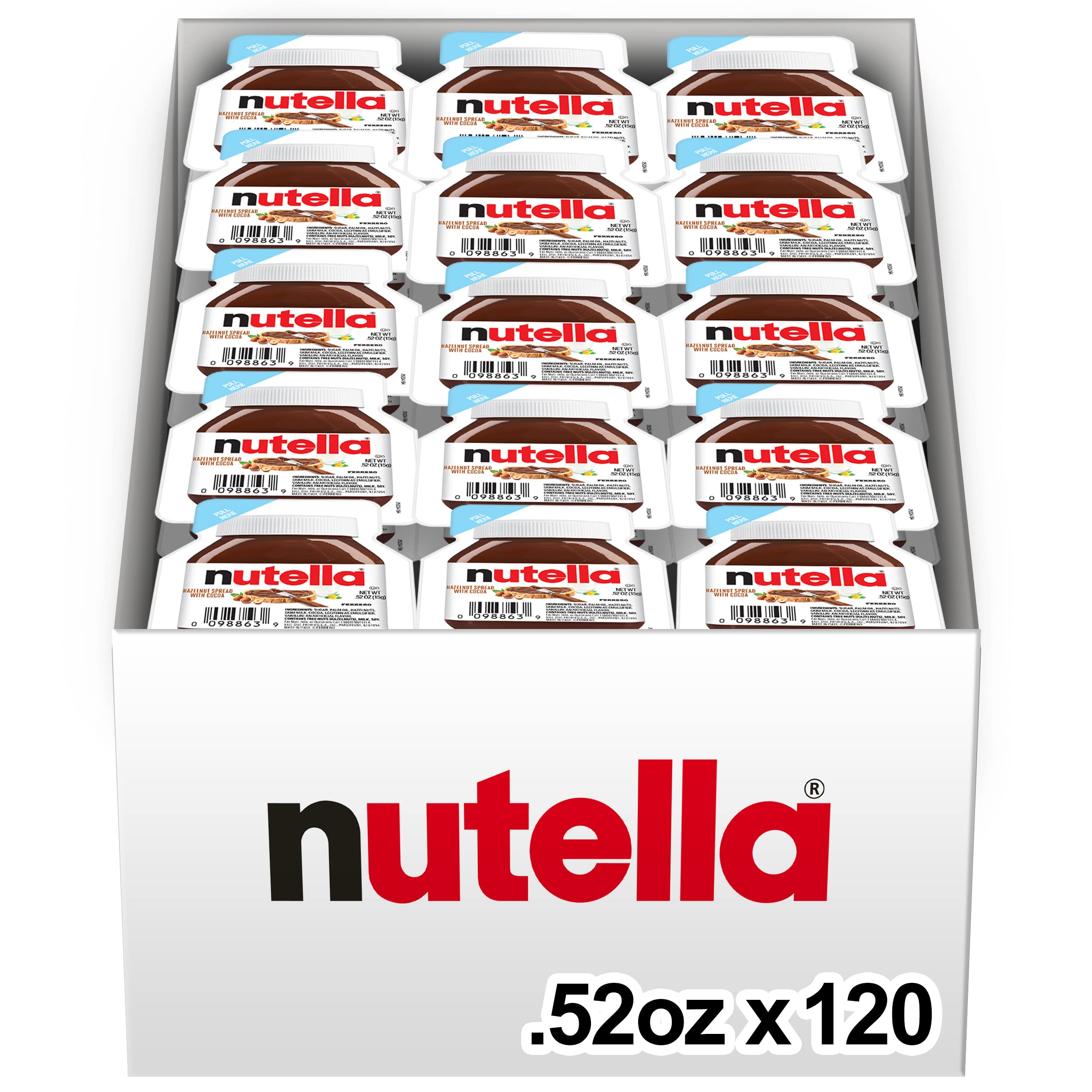 Nutella hazelnut spread cup with cocoa for quick breakfasts.