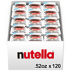 Nutella hazelnut spread cup with cocoa for quick breakfasts.