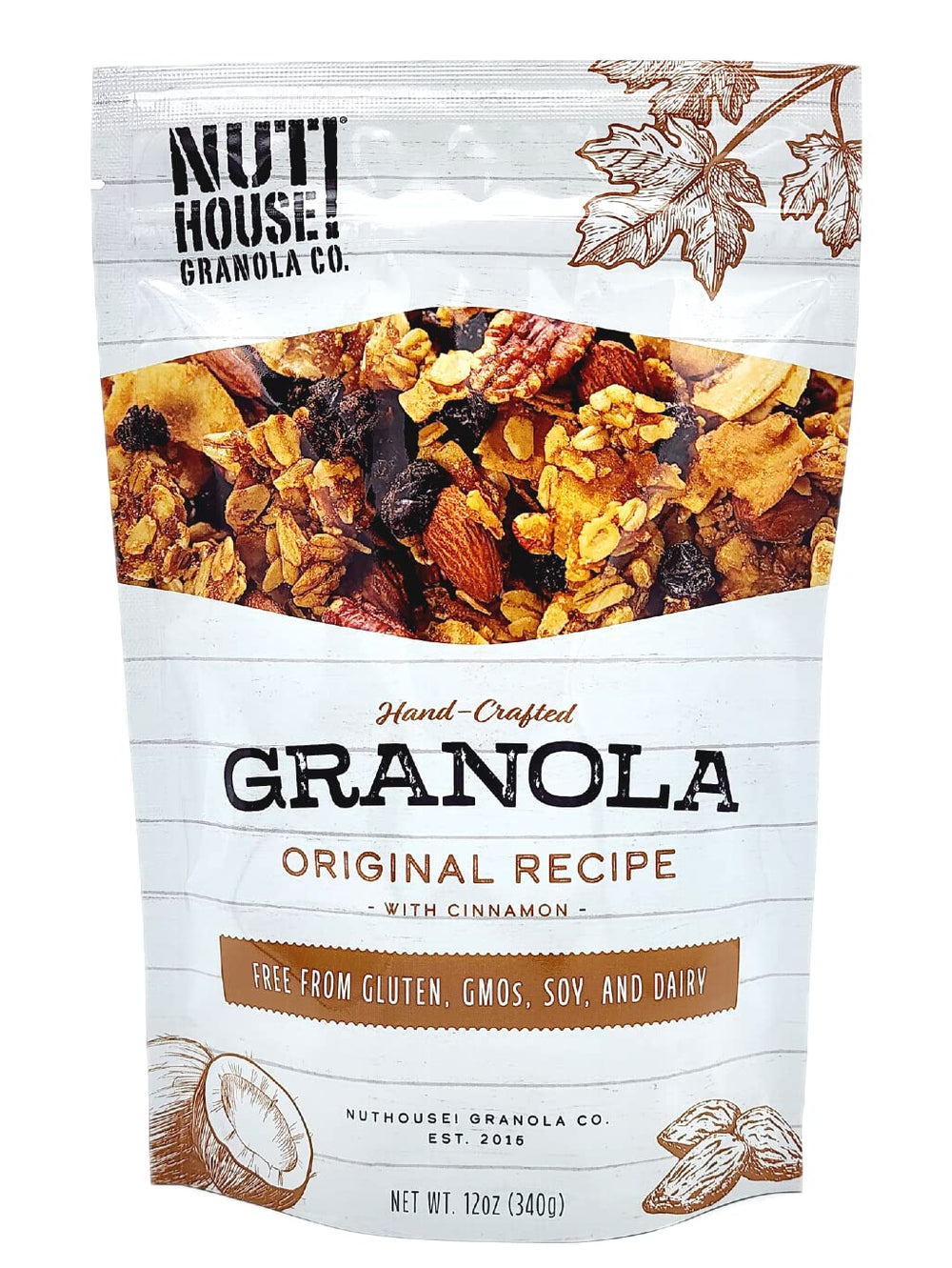 NutHouse! Granola packaged-bag shows gluten-free and non-GMO assurances for clean eating.