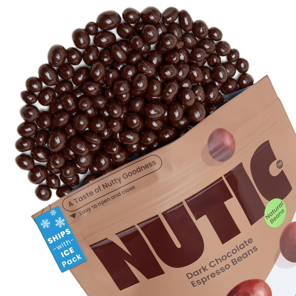 Nutic dark chocolate covered espresso beans in a bag for fresh, convenient snacking.