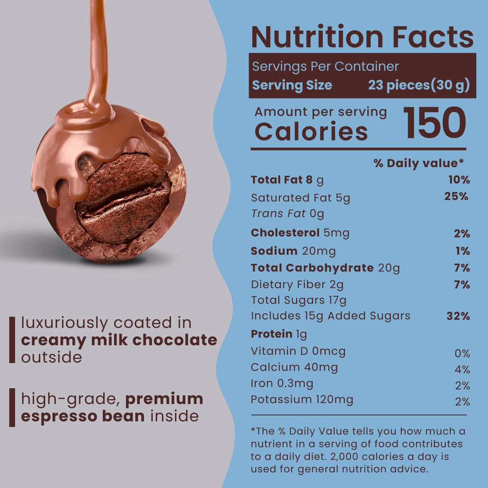 Nutic espresso beans dipped in milk chocolate closeup highlighting creamy coating.