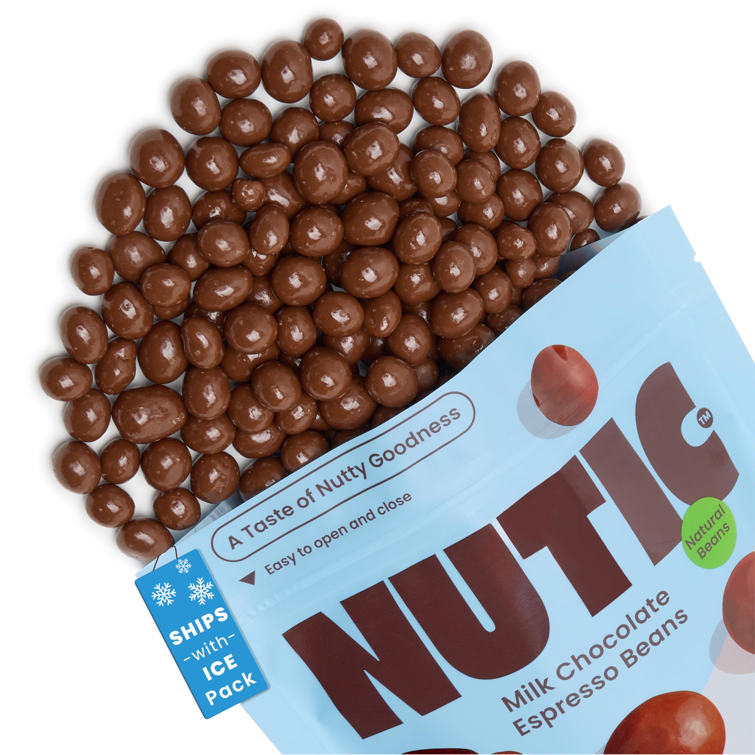 Nutic gourmet milk chocolate covered espresso beans in a resealable bag for freshness.