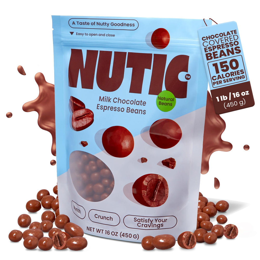 Nutic milk chocolate coated espresso beans snack closeup.