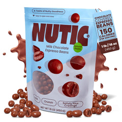 Nutic milk chocolate coated espresso beans snack closeup.