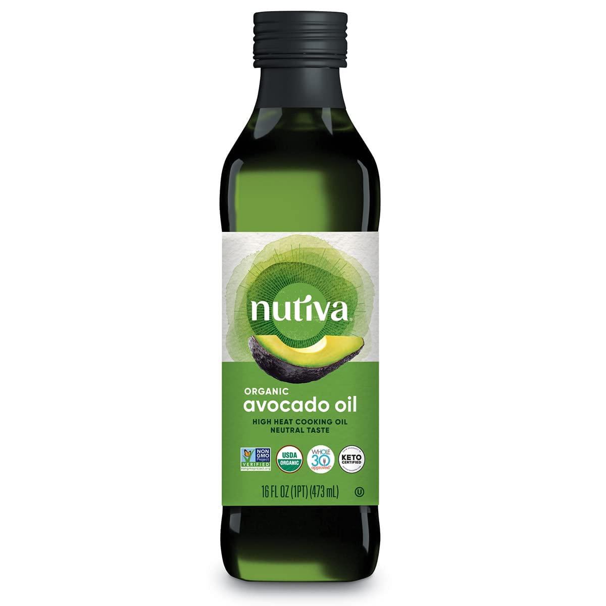 Nutiva Organic Steam-Refined Avocado Oil bottle, ideal for neutral-flavor cooking.