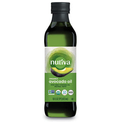 Nutiva Organic Steam-Refined Avocado Oil bottle, ideal for neutral-flavor cooking.