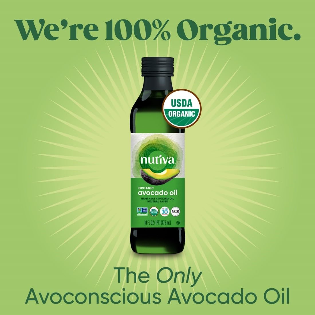 Nutiva avocado oil label highlights organic and non-GMO quality you can trust.