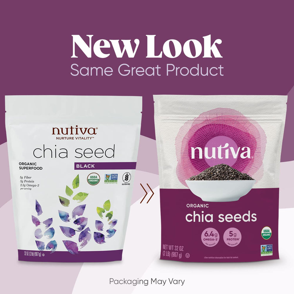 Nutiva chia seeds bowl with spoon ready for smoothies and yogurt.