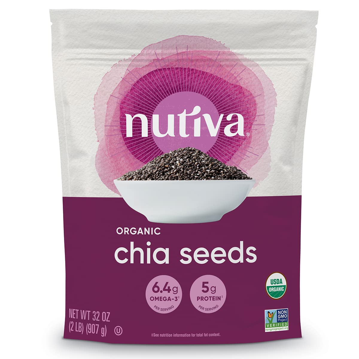 Nutiva chia seeds bundle close-up shows premium organic quality and protein potential.
