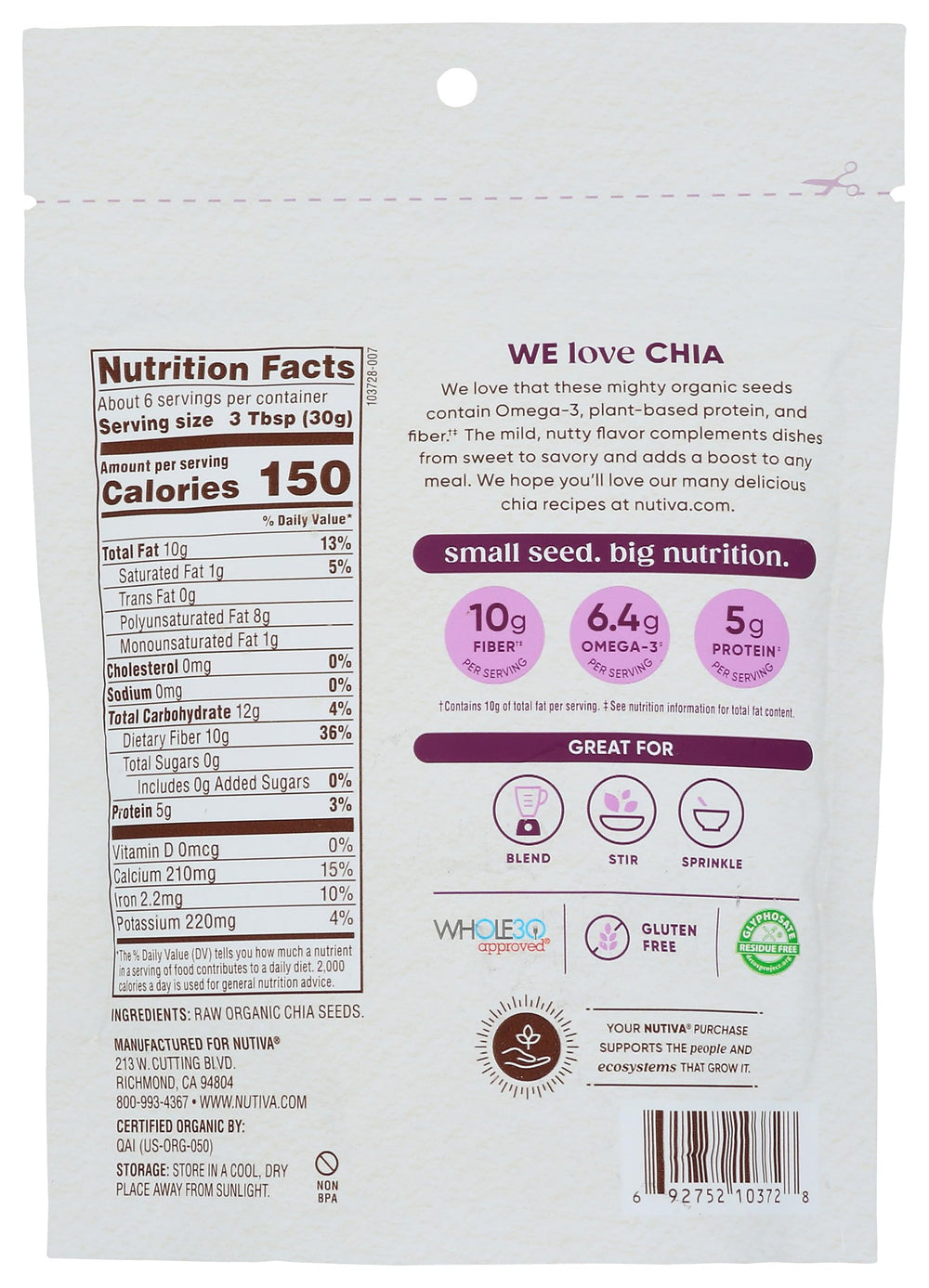 Nutiva Black Chia Seeds used to thicken sauces and smoothies.